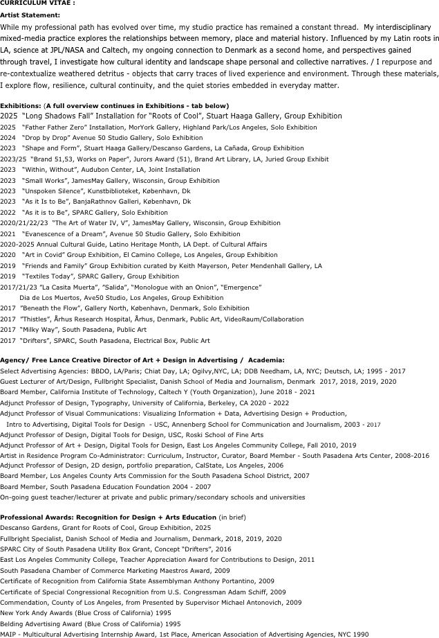 CURRICULUM VITAE : 
Artist Statement:
While my professional path has evolved over time, my studio practice has remained a constant thread.  My interdisciplinary mixed-media practice explores the relationships between memory, place and material history. Influenced by my Latin roots in LA, science at JPL/NASA and Caltech, my ongoing connection to Denmark as a second home, and perspectives gained through travel, I investigate how cultural identity and landscape shape personal and collective narratives. / I repurpose and re-contextualize weathered detritus - objects that carry traces of lived experience and environment. Through these materials, I explore flow, resilience, cultural continuity, and the quiet stories embedded in everyday matter.

Exhibitions: (A full overview continues in Exhibitions - tab below)
2025  “Long Shadows Fall” Installation for “Roots of Cool”, Stuart Haaga Gallery, Group Exhibition
2025   “Father Father Zero” Installation, MorYork Gallery, Highland Park/Los Angeles, Solo Exhibition
2024   “Drop by Drop” Avenue 50 Studio Gallery, Solo Exhibition
2023   “Shape and Form”, Stuart Haaga Gallery/Descanso Gardens, La Cañada, Group Exhibition 
2023/25  “Brand 51,53, Works on Paper”, Jurors Award (51), Brand Art Library, LA, Juried Group Exhibit
2023   “Within, Without”, Audubon Center, LA, Joint Installation
2023   “Small Works”, JamesMay Gallery, Wisconsin, Group Exhibition
2023   “Unspoken Silence”, Kunstbiblioteket, København, Dk
2023   “As it Is to Be”, BanjaRathnov Galleri, København, Dk 
2022   “As it is to Be”, SPARC Gallery, Solo Exhibition
2020/21/22/23  “The Art of Water IV, V”, JamesMay Gallery, Wisconsin, Group Exhibition 
2021   “Evanescence of a Dream”, Avenue 50 Studio Gallery, Solo Exhibition 
2020-2025 Annual Cultural Guide, Latino Heritage Month, LA Dept. of Cultural Affairs
2020   “Art in Covid” Group Exhibition, El Camino College, Los Angeles, Group Exhibition
2019   “Friends and Family” Group Exhibition curated by Keith Mayerson, Peter Mendenhall Gallery, LA 
2019   “Textiles Today”, SPARC Gallery, Group Exhibition 
2017/21/23 ”La Casita Muerta”, ”Salida”, “Monologue with an Onion”, “Emergence”
         Dia de Los Muertos, Ave50 Studio, Los Angeles, Group Exhibition
2017  ”Beneath the Flow”, Gallery North, København, Denmark, Solo Exhibition
2017  ”Thistles”, Århus Research Hospital, Århus, Denmark, Public Art, VideoRaum/Collaboration
2017  “Milky Way”, South Pasadena, Public Art
2017  “Drifters”, SPARC, South Pasadena, Electrical Box, Public Art  

Agency/ Free Lance Creative Director of Art + Design in Advertising /  Academia:
Select Advertising Agencies: BBDO, LA/Paris; Chiat Day, LA; Ogilvy,NYC, LA; DDB Needham, LA, NYC; Deutsch, LA; 1995 - 2017
Guest Lecturer of Art/Design, Fullbright Specialist, Danish School of Media and Journalism, Denmark  2017, 2018, 2019, 2020
Board Member, California Institute of Technology, Caltech Y (Youth Organization), June 2018 - 2021
Adjunct Professor of Design, Typography, University of California, Berkeley, CA 2020 - 2022
Adjunct Professor of Visual Communications: Visualizing Information + Data, Advertising Design + Production, 
   Intro to Advertising, Digital Tools for Design  - USC, Annenberg School for Communication and Journalism, 2003 - 2017
Adjunct Professor of Design, Digital Tools for Design, USC, Roski School of Fine Arts
Adjunct Professor of Art + Design, Digital Tools for Design, East Los Angeles Community College, Fall 2010, 2019
Artist in Residence Program Co-Administrator: Curriculum, Instructor, Curator, Board Member - South Pasadena Arts Center, 2008-2016 
Adjunct Professor of Design, 2D design, portfolio preparation, CalState, Los Angeles, 2006
Board Member, Los Angeles County Arts Commission for the South Pasadena School District, 2007 
Board Member, South Pasadena Education Foundation 2004 - 2007
On-going guest teacher/lecturer at private and public primary/secondary schools and universities 

Professional Awards: Recognition for Design + Arts Education (in brief)
Descanso Gardens, Grant for Roots of Cool, Group Exhibition, 2025
Fullbright Specialist, Danish School of Media and Journalism, Denmark, 2018, 2019, 2020
SPARC City of South Pasadena Utility Box Grant, Concept “Drifters”, 2016
East Los Angeles Community College, Teacher Appreciation Award for Contributions to Design, 2011
South Pasadena Chamber of Commerce Marketing Maestros Award, 2009
Certificate of Recognition from California State Assemblyman Anthony Portantino, 2009
Certificate of Special Congressional Recognition from U.S. Congressman Adam Schiff, 2009
Commendation, County of Los Angeles, from Presented by Supervisor Michael Antonovich, 2009
New York Andy Awards (Blue Cross of California) 1995
Belding Advertising Award (Blue Cross of California) 1995
MAIP - Multicultural Advertising Internship Award, 1st Place, American Association of Advertising Agencies, NYC 1990
